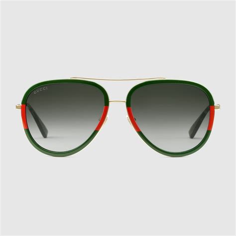 gucci ladies' red/green/gold metal sunglasses with grey lens|Gucci aviator sunglasses on sale.